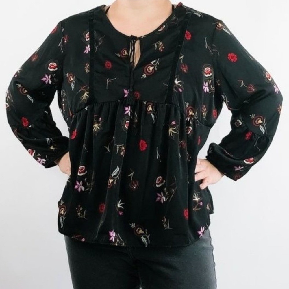 Old‎ Navy Womens XXL Black Floral Babydoll Blouse Bell Sleeve Velvet Trim Top